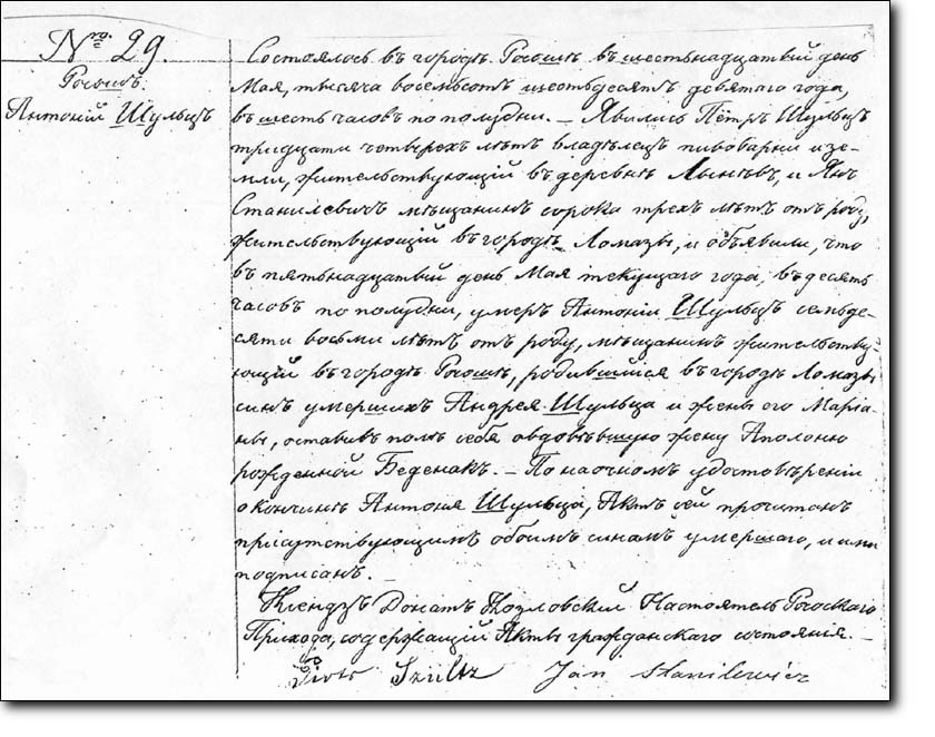 Antoni Szulc: Death certificate