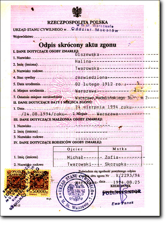 Halina Twarowska: death certificate
